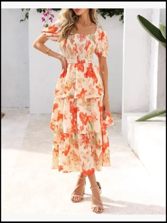 Square Neck Smocked Dress Puff Short Sleeve Floral Maxi Wedding Guest - Picture 2 of 7